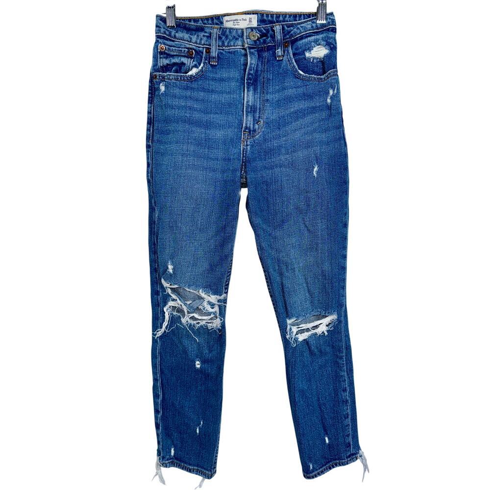 Abercrombie & Fitch Curve Love Mom High Rise Blue Denim Distressed Jean Sz 24 00